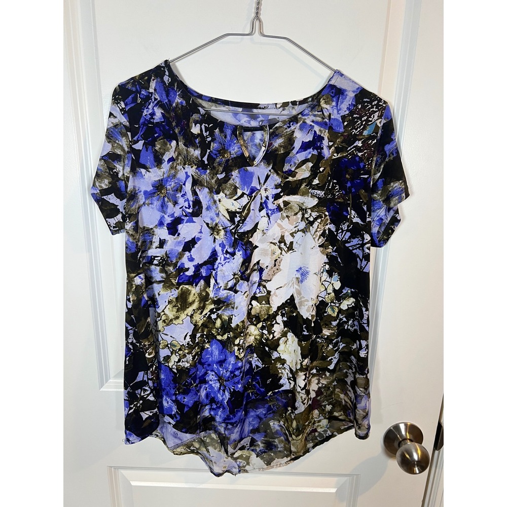 Flourish Womens Blouse Floral Keyhole Neckline Blue Multi Size M